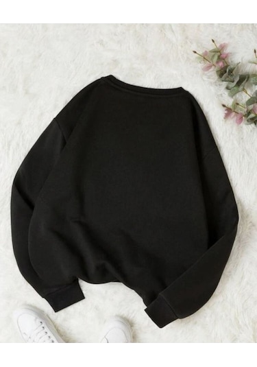 Tatlı Kedi Tasarım Sweatshirt - Siyah Baskılı Oversize Kalın Kışlık Bisiklet Yaka Siyah