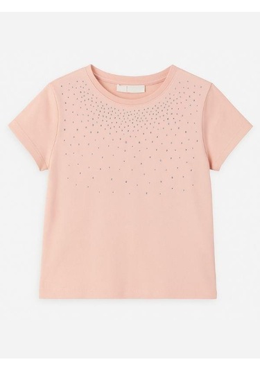 Zekids Kız Çocuk Taş İşlemeli Pamuklu T-shirt-16310 Pudra