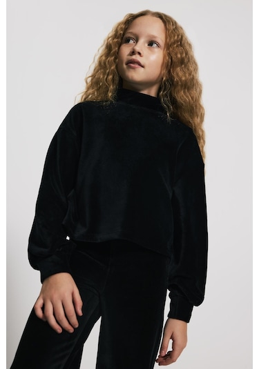 Kids Girl Dik Yaka Kadife Siyah Sweatshirt Siyah