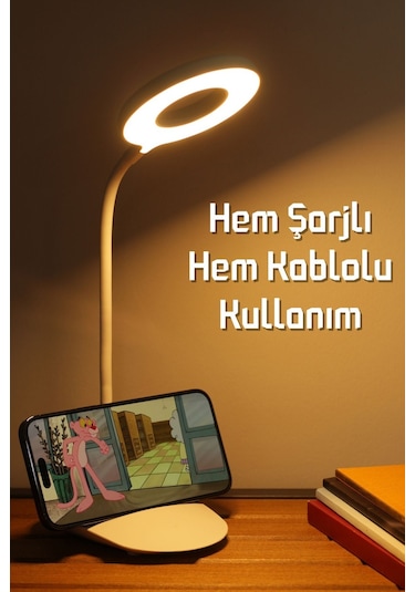 Şarjlı Masa Lambası Dokunmatik 3 Renk 24 Led Telefon Standlı Kademeli Çalışma Okuma Işığı