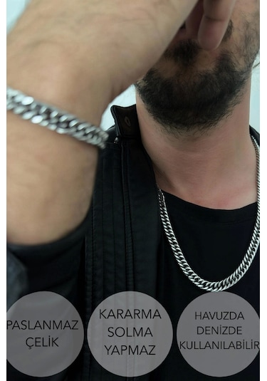 Küba Zincir Kalın Model Çelik Zincir Kolye Karma Serisi Silver