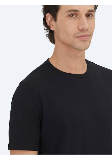 Kip Unisex Siyah Düz Bisiklet Yaka %100 Pamuk T-shirt Siyah