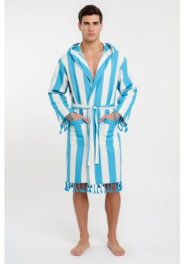 Erkek Striped Peştemal Bornoz %100 Pamuk Plaj Bornoz Mavi