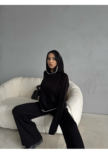 Kadın Kapüşonlu Çizgi Detaylı Triko Alt-üst Takım Siyah