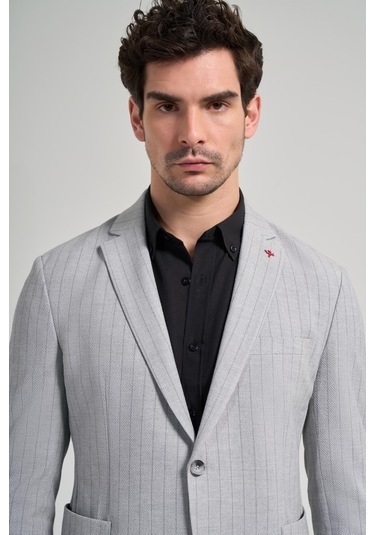 Çizgili Desen Gofreli Mono Yaka Esnek 6 Drop Slim Fit Ceket 1002250122 Gri