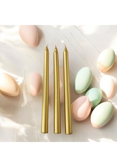 Denic 3 lü Metalik Gold Şamdan Mum Konik Mum