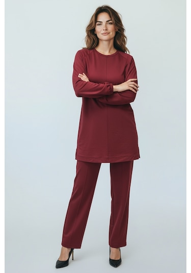 Kadın Tunik Önü Dikişli Altı Bantlı Pantolonun Beli Lastikli Önü Dikişli İkili Takım Bordo