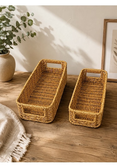 Morponi 2'li Dikdörtgen Hasır Rattan Organizer Sepet Shr343 Sarı