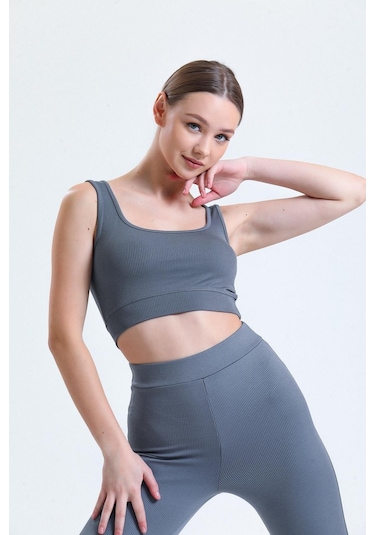 Yeşil Fitilli Kare Yaka Esnek Örme Crop Büstiyer Atlet Antrasit