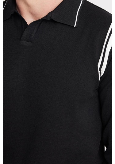 Erkek Slim Fit Dar Kesim Uzun Kol Polo Yaka Çizgili Siyah Kazak-35807 Siyah