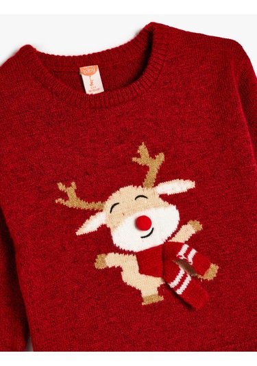 Koton Geyik Desenli Uzun Kollu Bisiklet Yaka Triko Kazak Kırmızı 5wmg90002ht Kırmızı