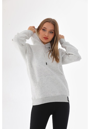 Everest Everst Kapüşonlu 3 İplik Şardonlu Cepli Sweatshirt Karmelanj Kar Melanj