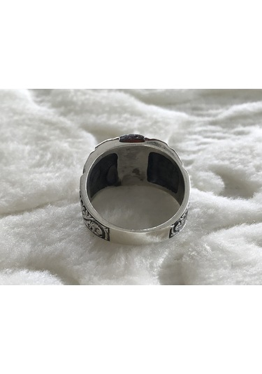 Kehribar Taşlı Erzurum Kalem Işçiliği 925 Ayar Gümüş Erkek Yüzük