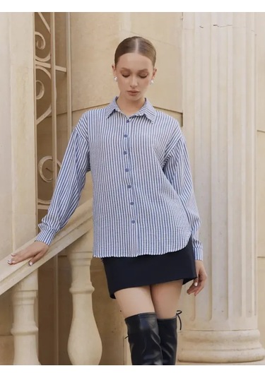Shabrand Uzun Keten Çizgili Oversize Gömlek 450933791 Mavi