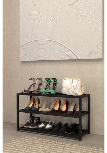 Aju Ayakkabılık Geniş Metal Modern Tasarım 3 Katlı Ayakkabı Rafı Dolabı Açık Vestiyer Siyah