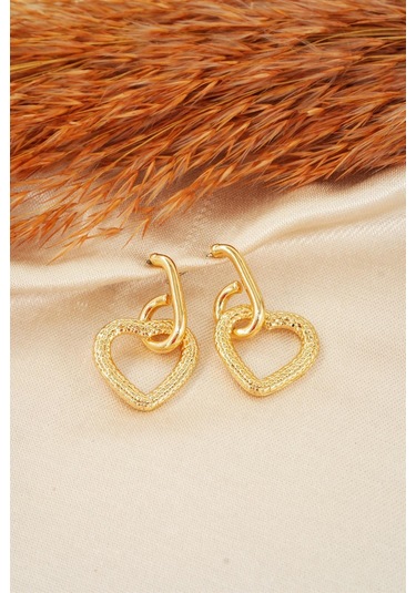 Kadın Özel Tasarım Sallantılı Kalp Model Küpe - Altın