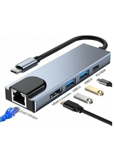Type-c 5-in-1 Çoklayıcı 4k Hdmı + Usb 3.0 2 + Ethernet Girişli Hub