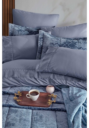 Elart Çeyiz Paketi 10 Parça Yatak Örtüsü+nevresim Takımı+battaniye Nüans Mavi