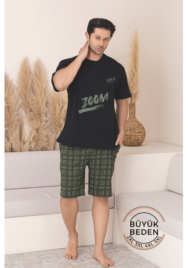 Büyük Beden Pamuklu Cepli Kısa Kollu Şortlu Erkek Pijama Takımı Siyah
