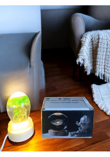 Ahşap Altlıklı Yeşıl Renk Dekoratif Işıklı Küre