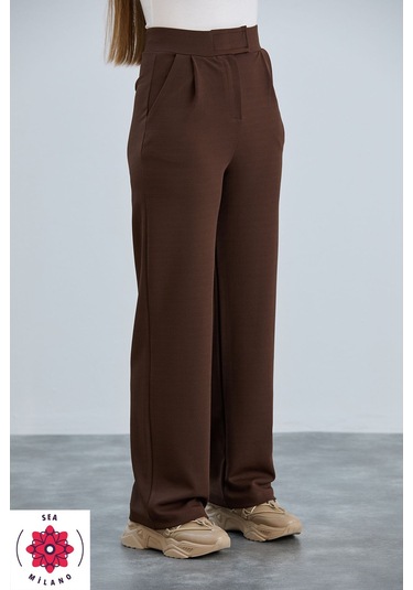 Kadın Gri Cırt Cırtlı Kapama Rahat Palazzo Likralı Esnek Beli Lastikli Pantolon Yüksek Bel Kahverengi