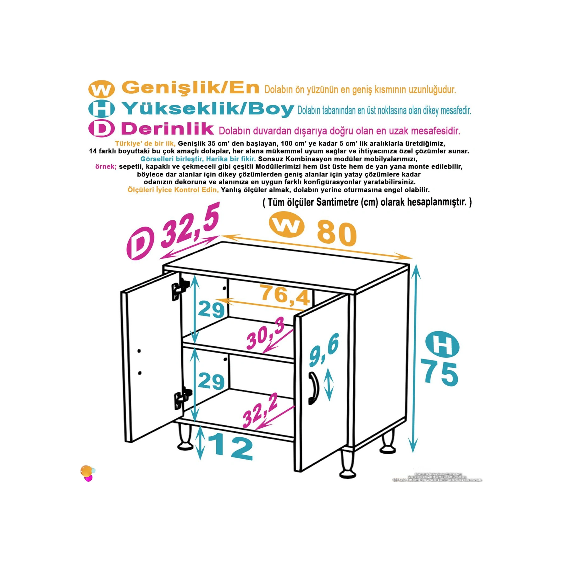 Efil Dolap Dar Alanlar İçin Çok Amaçlı Dolap Çift Kapaklı 2 Göz Raf Dolap 80x75x32,5 Cm Beyaz