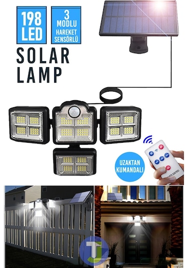 Technojet Güneş Enerjili Kumandalı Hareket Sensörlü Solar Bahçe Aydınlatma Ve Sokak Lambası 198 Led