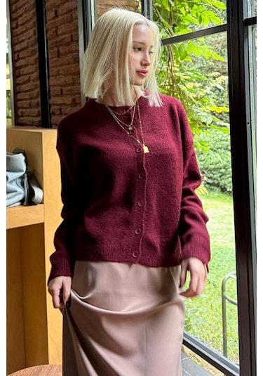 Madmext Bordo Rahat Kalıp Düğmeli Triko Kadın Hırka Mg2552 Bordo