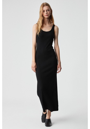 GRIMELANGE Sofutey Kadın Slim Kolsuz Oyuk Yaka Düz Paça Siyah Elbise Siyah