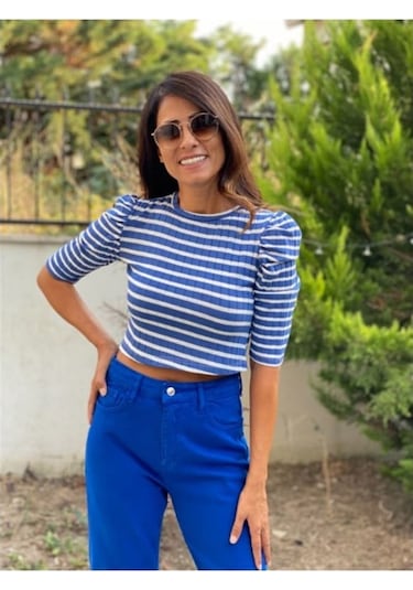 Forlady Mavi Beyaz Çizgili Crop (541867403)