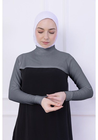 Balıkçı Yaka Boyunluklu Kolluk Açık Gri - Likralı Dik Yakalı Kadın Body Tesettür Crop Bolero Açık Gri