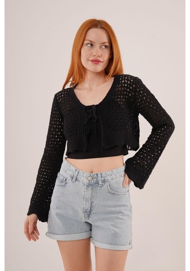 Ön Bağlamalı Ajurlu Crop Siyah Hırka Çok Renkli