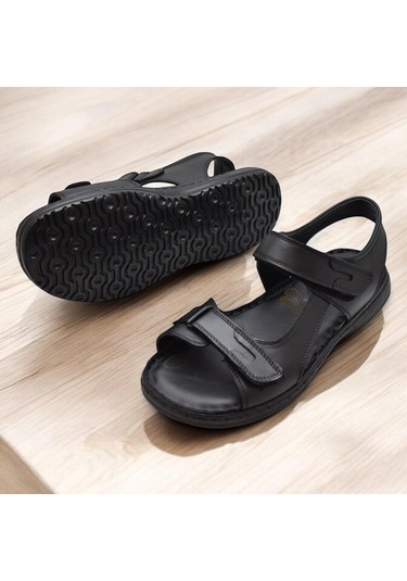 088 Topuk Jelli Tam Ortopedik Taban Hakiki Deri Erkek Sandalet Cırtlı Sandalet Siyah