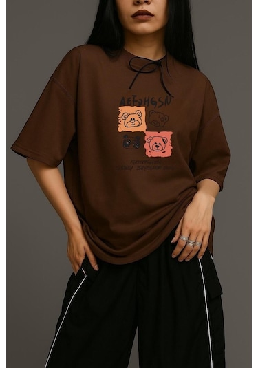 Ayıcık Baskılı Unisex Oversize Tişört Kahverengi