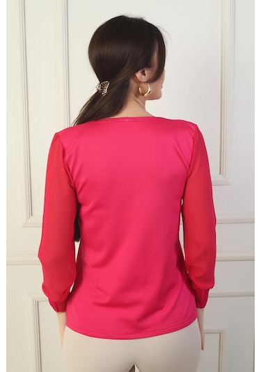 By Saygı Kadın Merdiven V Yaka Kolları Şifon Kazak-39611 Fuşya