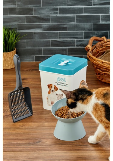 Evcil Hayvan Kedi Ve Köpek Mama Saklama Kabı & Mama Kabı Seti Kürek Hediyeli 3'lü Set - Mavi