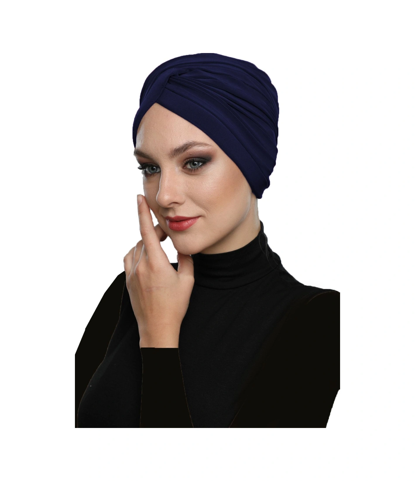 Çapraz W Nervürlü Ensesi Bantlı Lacivert Hazır Türban Tesettür Havuz Bonesi Lacivert