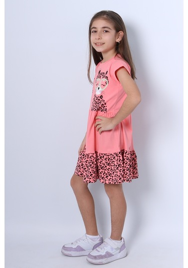 Kız Çocuk Elbise Fırfırlı Kedicik Baskılı C13 Pembe