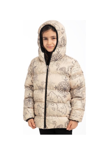 Freemen Kız Çocuk Bej Pusula Desen Polar Su Ve Rüzgar Geçirmez Kapüşonlu Şişme Kışlık Mont Bej