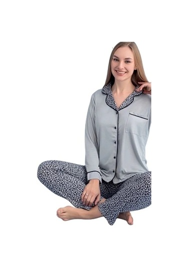Berna Collection Kadın Pijama Takımı Düğmeli Yumuşak Dokulu Esnek Füme