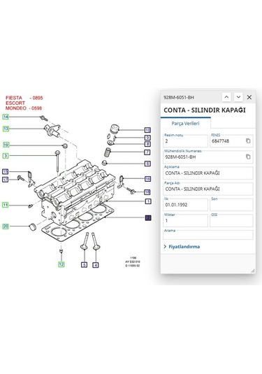 Silindir Kapak Conta Std Escort Mondeo 1.8zetec 93 Ryl 347010n - 928m 6051 Bh