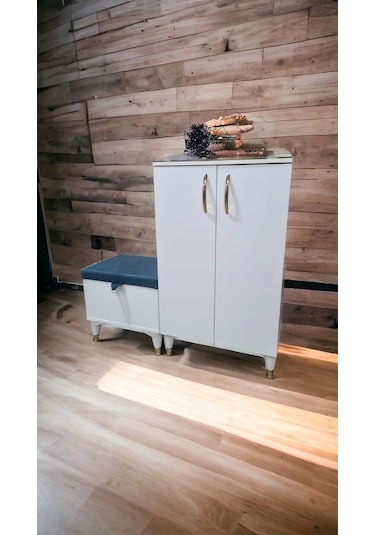 2 Kapaklı Puflu Ayakkabılık Beyaz