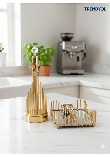 Gold Paslanmaz Metal Rulo - Kare Peçetelik Seti - Lüks Tezgah & Masaüstü Gri