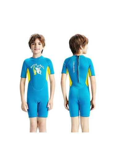 Dıve & Saıl 2.5mm Kısa Kollu Tek Parça Sıcak Çocuklar Wetsuit Şnorkel Soğuğa Dayanıklı Mayo Lacivert