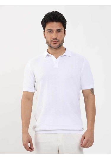 Dufy Beyaz Erkek Slim Fit Balıksırtı Desenli Polo Yaka Kazak - 104551-beyaz Beyaz