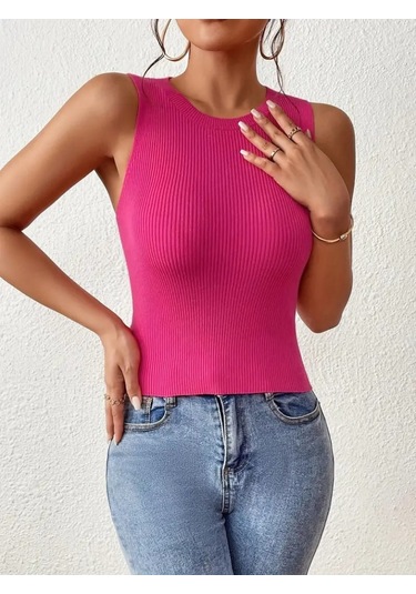 Kadın Sıfır Kol Sırt Çapraz Detay Triko Bluz Pembe