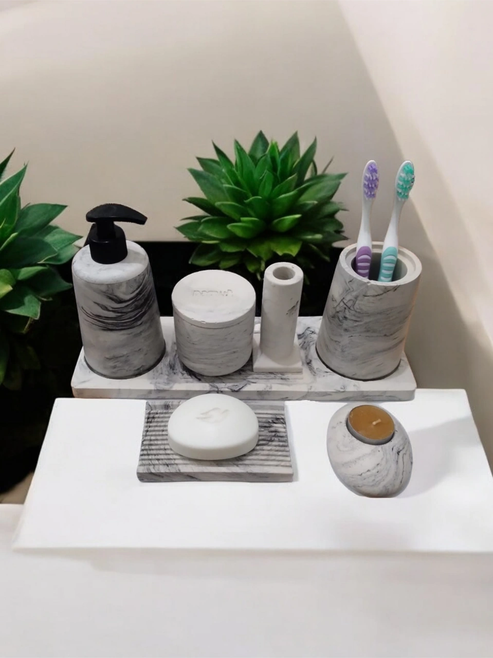 7'li Mermer Desenli Banyo Seti,sıvı Sabunluk Diş Fırçalığı Beton Aksesuar Takım Gri