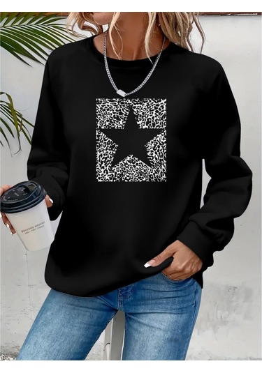 Kadın Uzun Kollu Bisiklet Yaka Desenli Viskon Iki Iplik Bluz Siyah