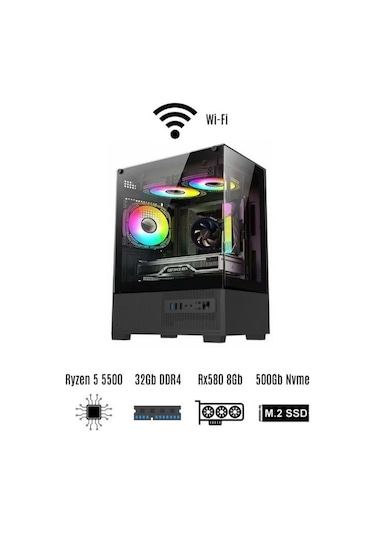 Ramtech Runner R5-5500 32 GB 500 GB M2 SSD 8 GB RX580 Free Dos Masaüstü Oyuncu Bilgisayarı