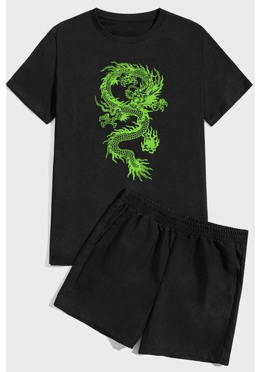 Uyguntarz Chinese Dragon Baskı Şort Takım Siyah